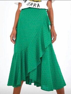 FARM Rio Swiss Dot Wrap Skirt midi asymmetric green XS